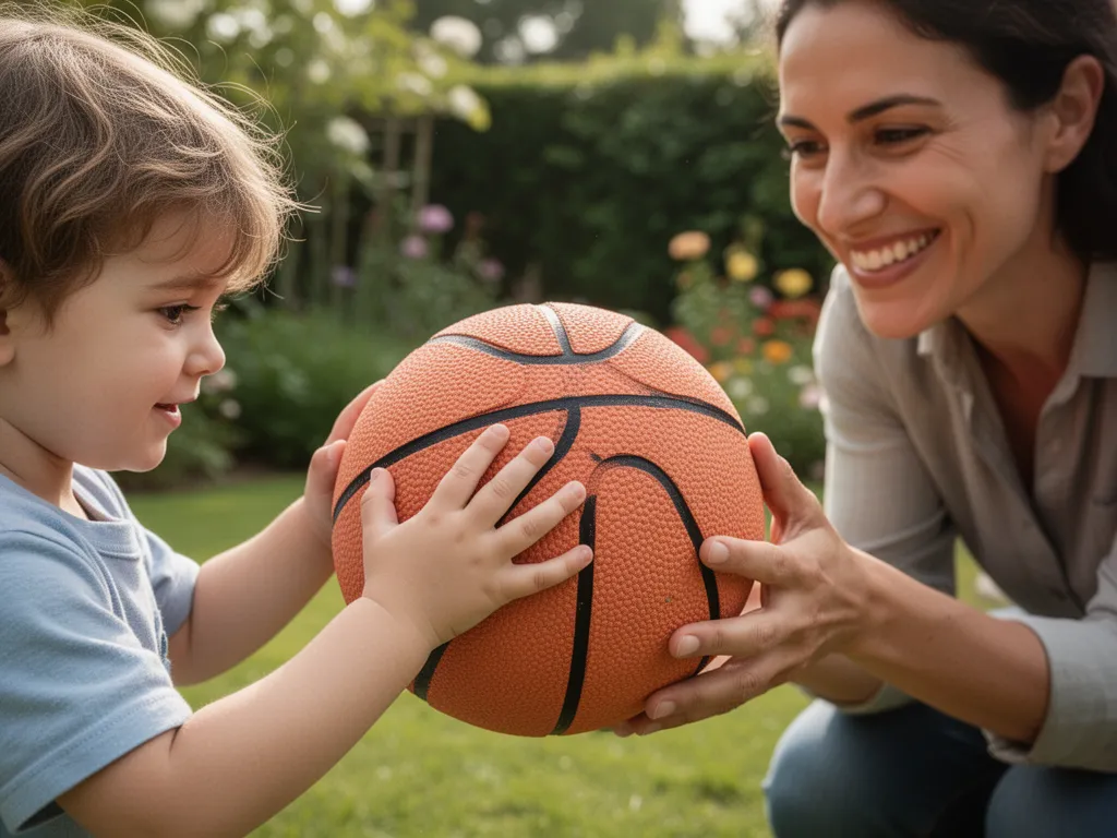 [Toddler's hands holding soft foam ball with parent watching proudly in background]