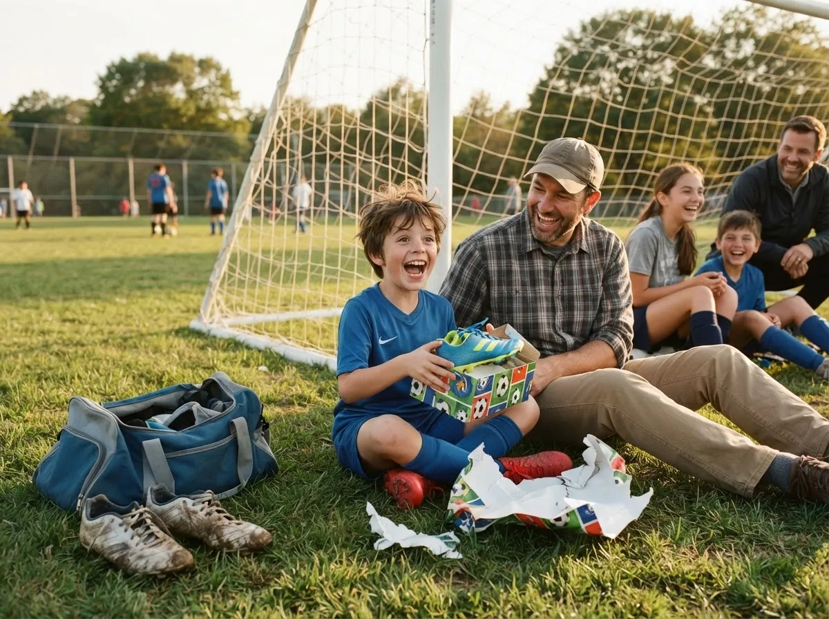 Boy on sports field joyfully reacting to unwrapping a surprise gift outdoors