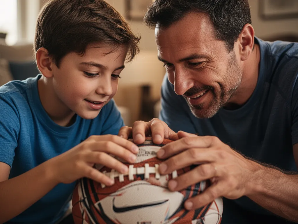 [father and son bonding while examining sports gear together with warm genuine emotion and connection]