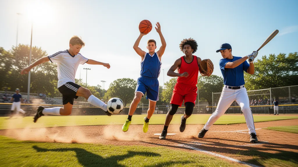 Young athletes in action playing various sports outdoors in natural daylight with dynamic energy.