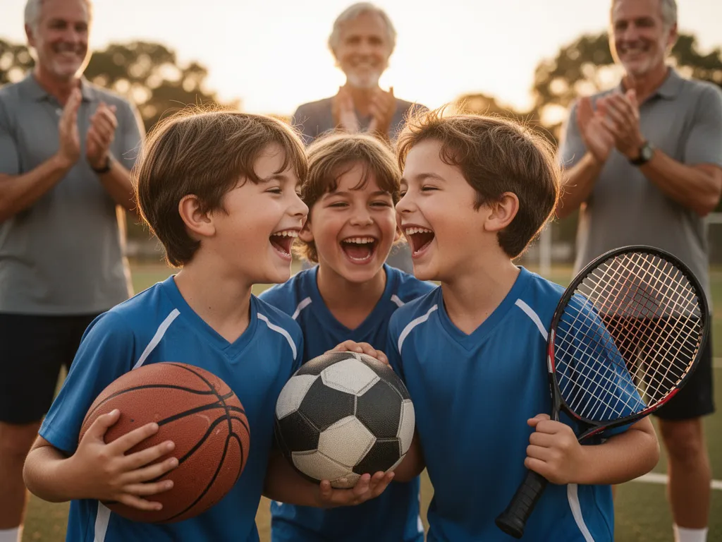Kids celebrating victory together with smiling parents in background during golden hour sports moment.