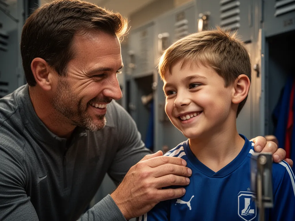 Father and son sharing emotional moment together during youth sports activity with genuine pride and support