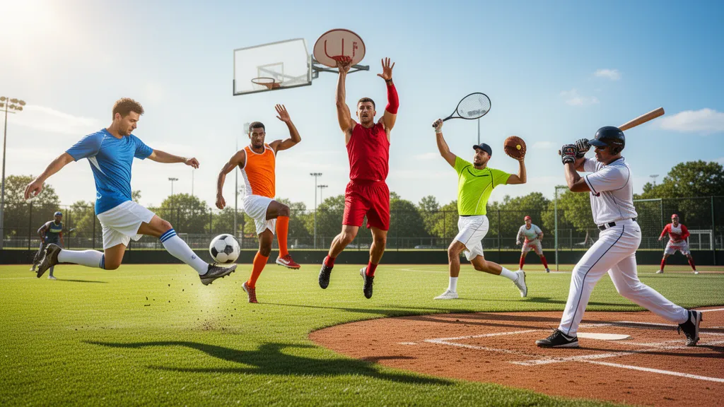 Multiple athletes competing in different sports simultaneously outdoors in natural daylight