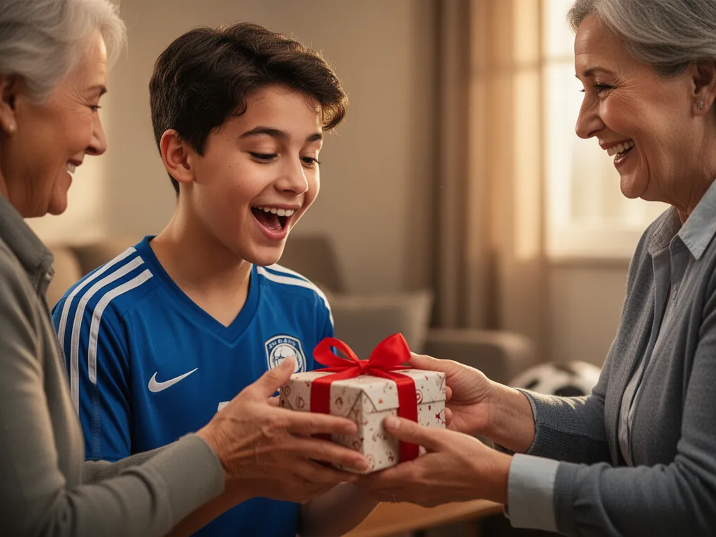 Young athlete smiling while receiving a sports gift from an adult parent figure indoors