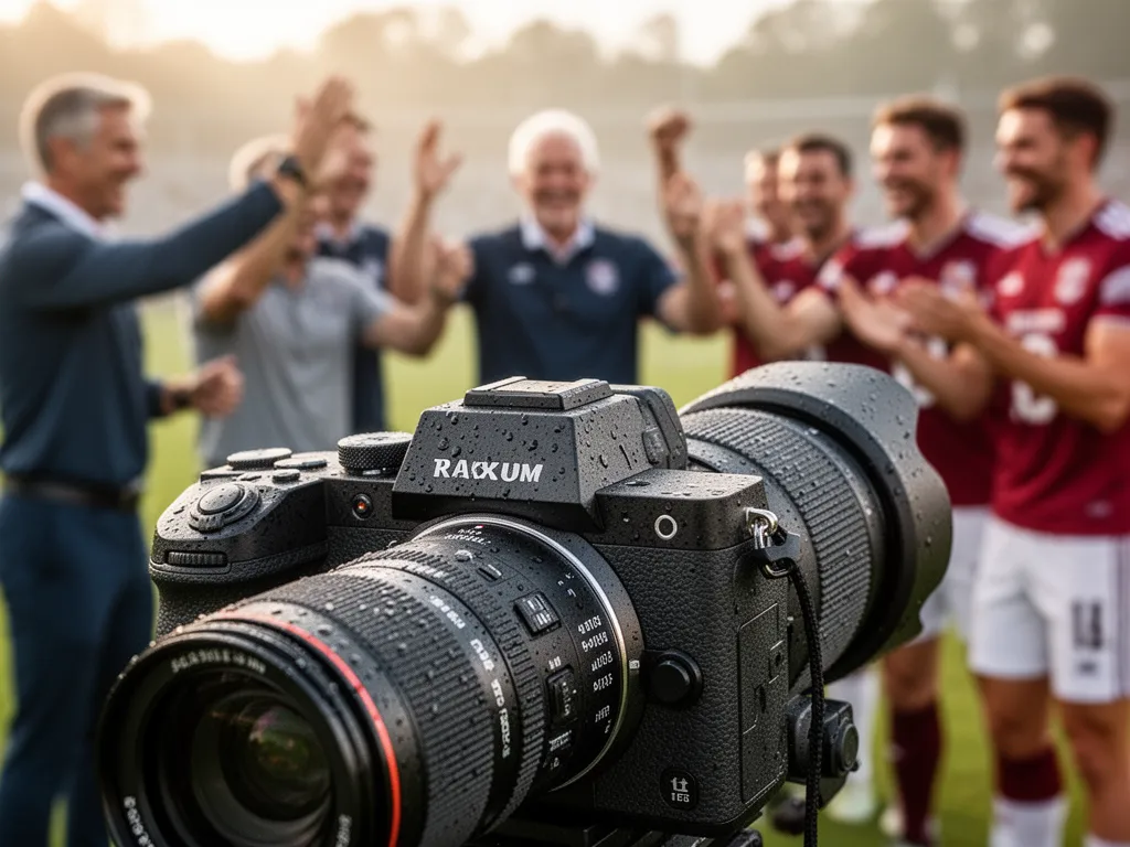 Close-up of professional sports camera equipment with coaching staff and athletes celebrating in soft-focused background