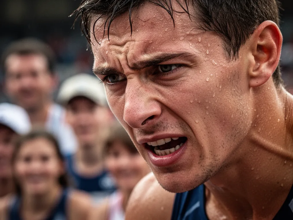 Athlete's determined expression during intense competition showing focus and athletic dedication
