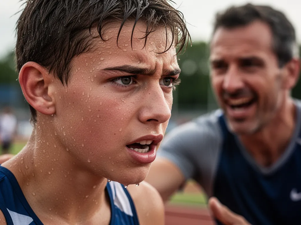 Close-up of determined athlete's face glistening with sweat during intense outdoor sporting competition with coach support.