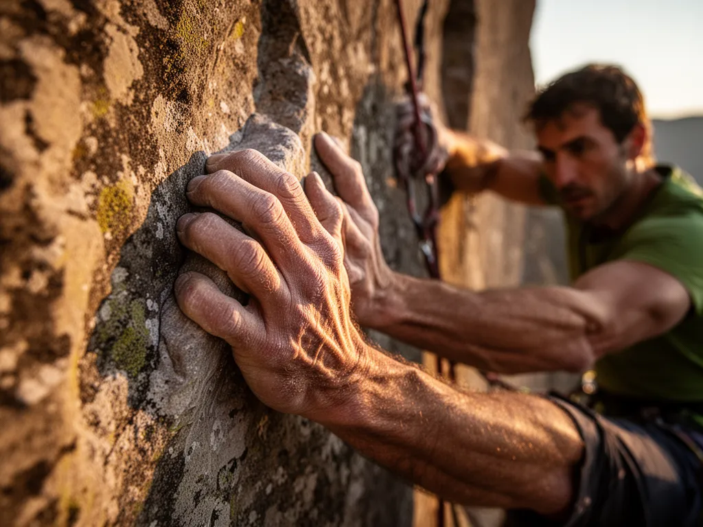 Climber's hands gripping rocky cliff face in close detail with golden sunlight