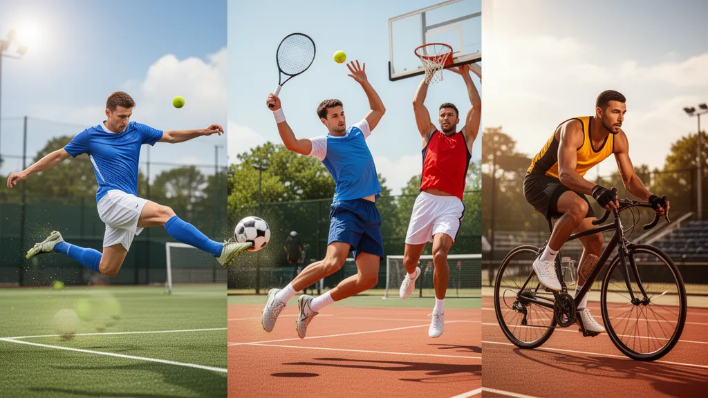 Athletes from different sports captured mid-action in outdoor natural lighting showing dynamic movement and energy