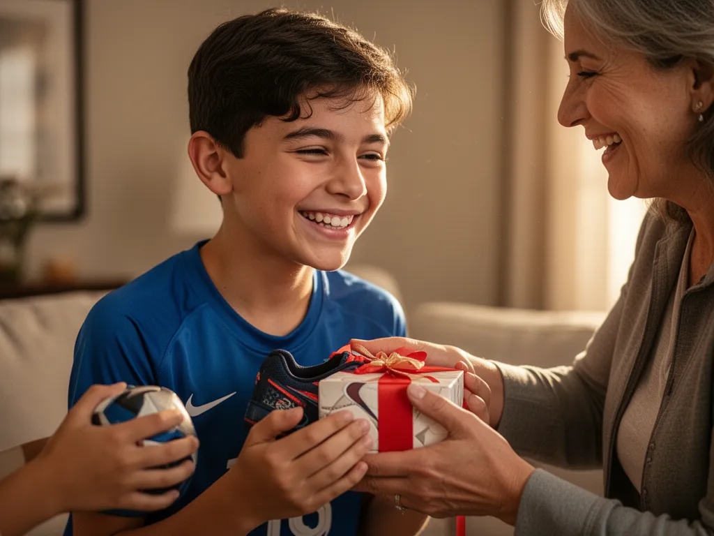 Young athlete's face lighting up with genuine joy while receiving sports gift from a parent indoors