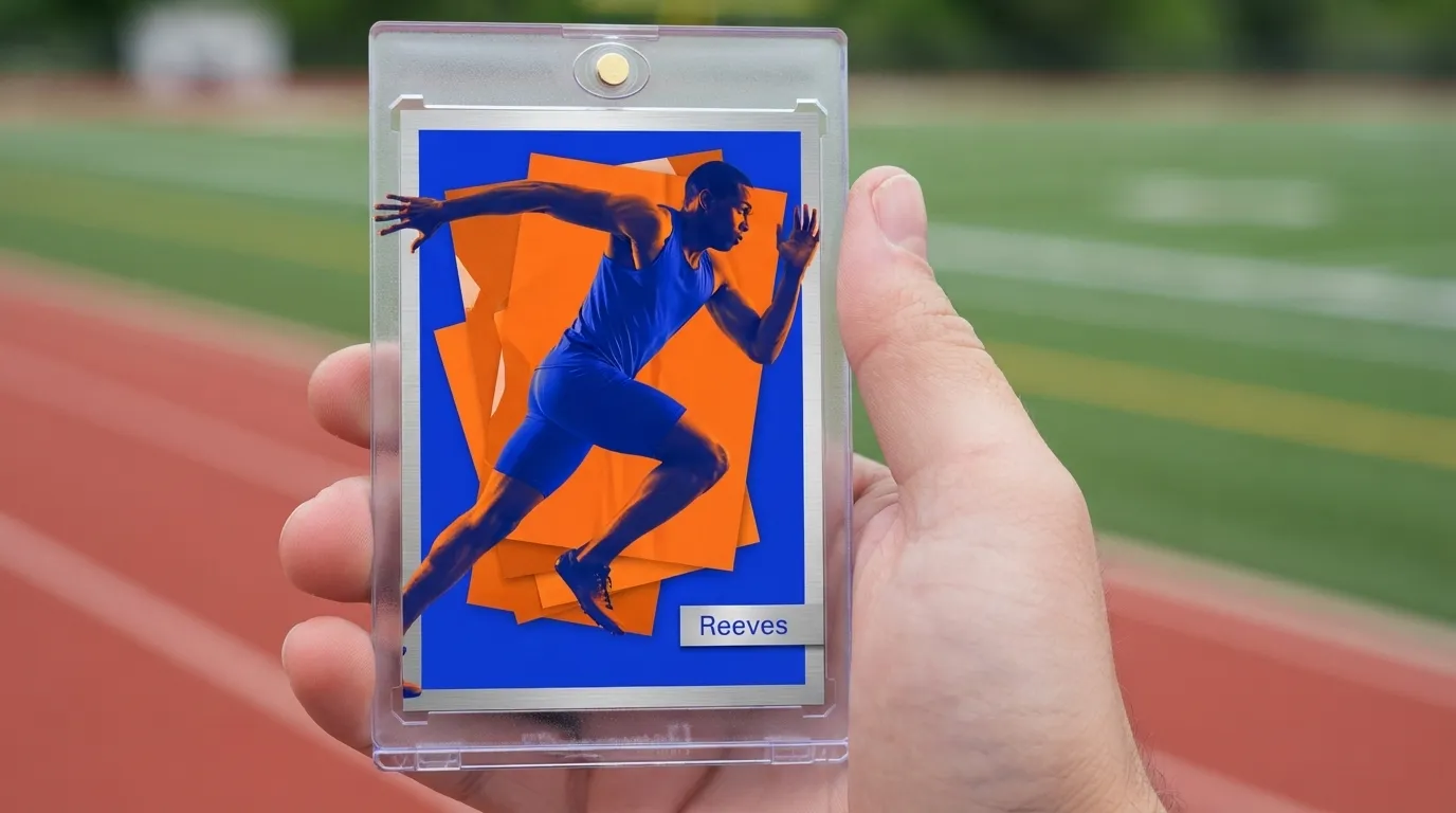 Hand holding magnetic case with best starter camera for sports photography sprinter trading card