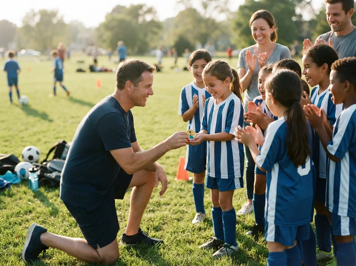 Coach and young athlete share proud celebratory moment on sunny sports field with teammates