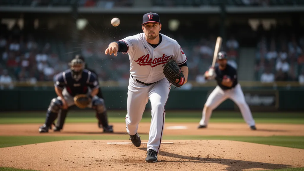 Baseball pitcher releasing fastball with catcher and batter visible in background during game