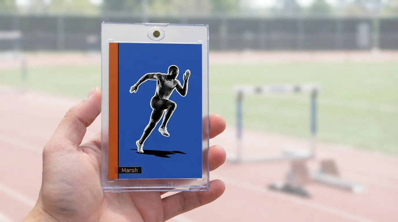 Hand holds magnetic case with sports trading card, illustrating best Tamron lens for sports photography.