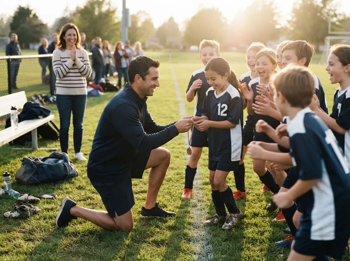 Coach and young athlete share a warm proud moment on a sunny sports field.