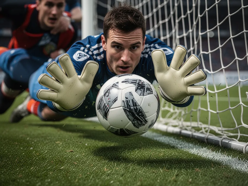Soccer goalkeeper diving with hands extended attempting to block incoming ball during match