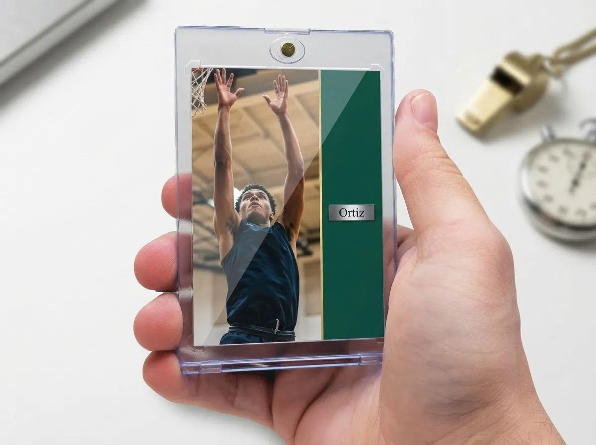 Custom sports trading card displayed upright inside clear magnetic protective case on white surface.