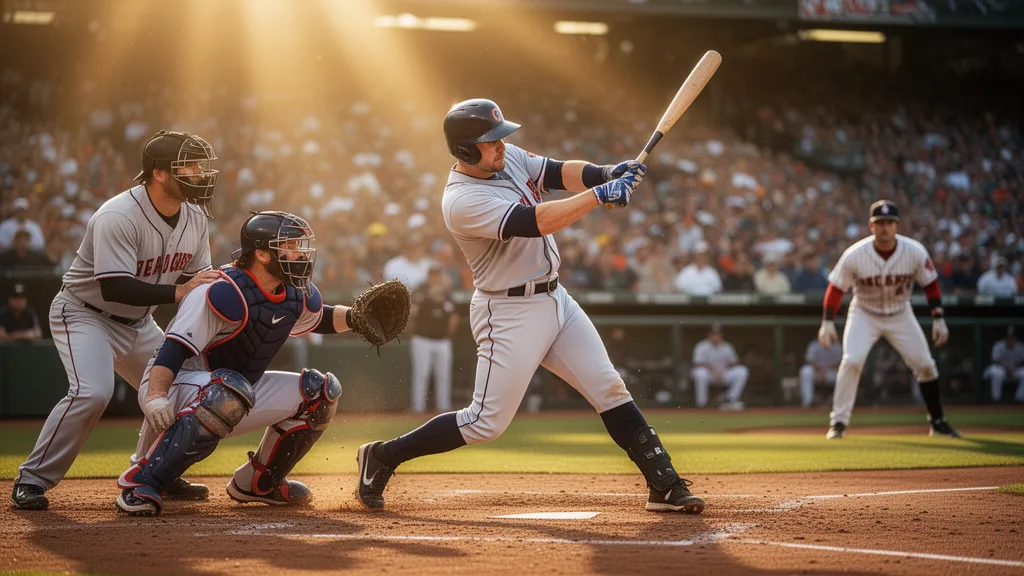 Professional baseball players in action during game with batter swinging and catcher positioned behind home plate