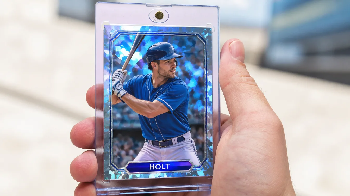 Custom Topps-style baseball card held in a one-touch magnetic display case