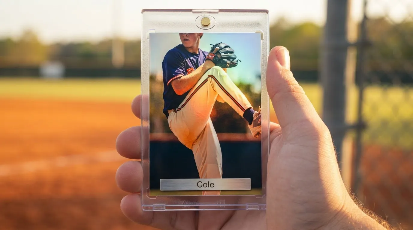Hand holding magnetic case with best Topps baseball cards to buy, golden-hour pitcher card.