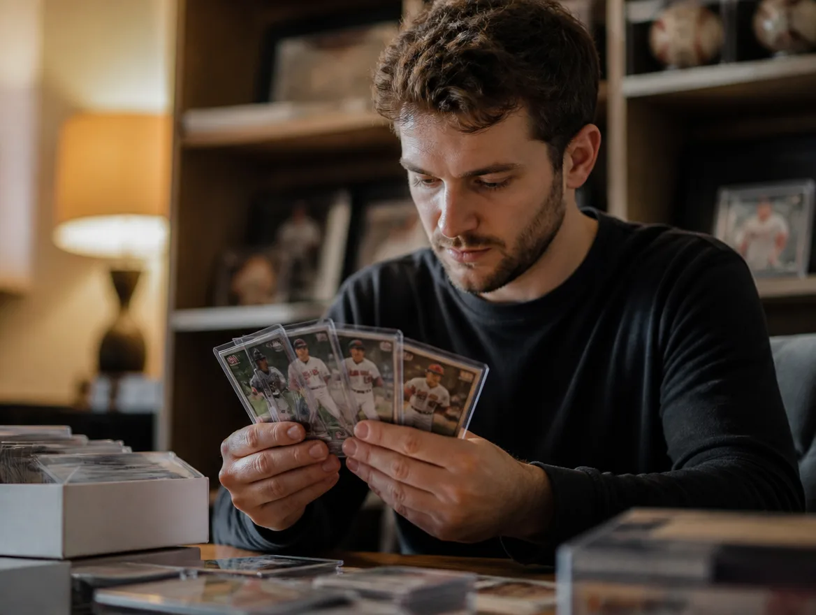 Collector choosing favorite custom baseball cards to buy