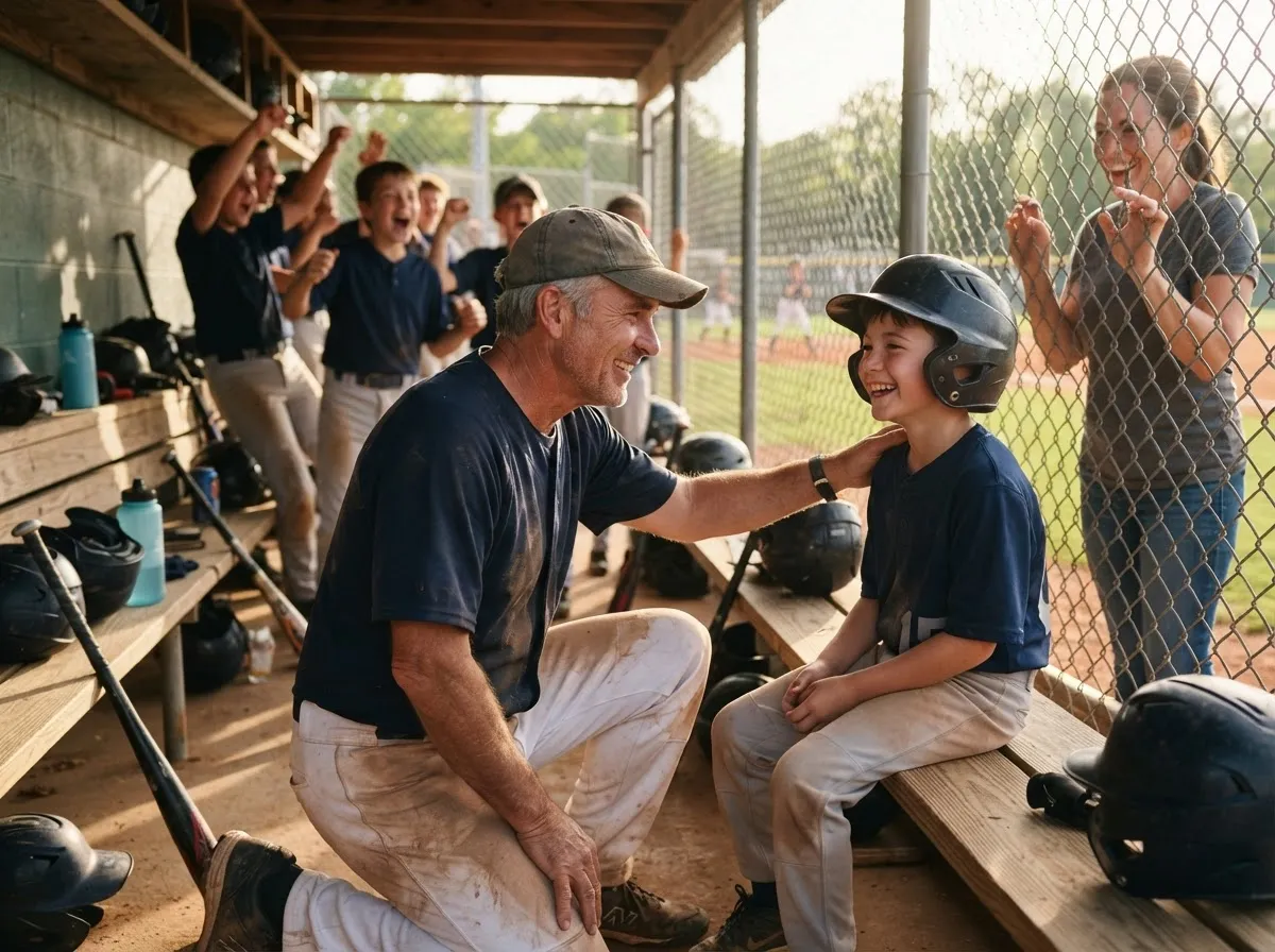 Coach and young baseball player share a proud, joyful moment in sunlit dugout.