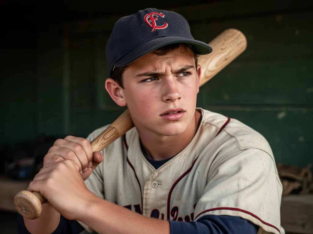 Young baseball player with determined expression holding bat, wearing vintage uniform in dugout lighting