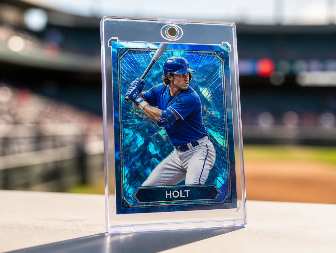 Custom Topps-style baseball card standing in a premium magnetic case