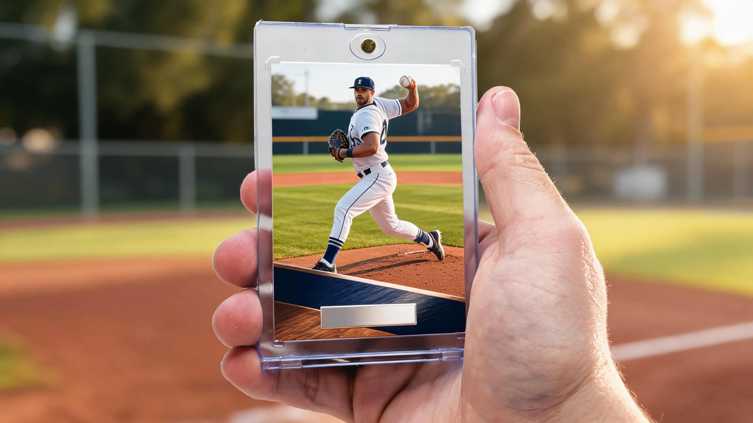 Hand holds magnetic case with best Topps baseball cards style pitcher card, golden-hour diamond.