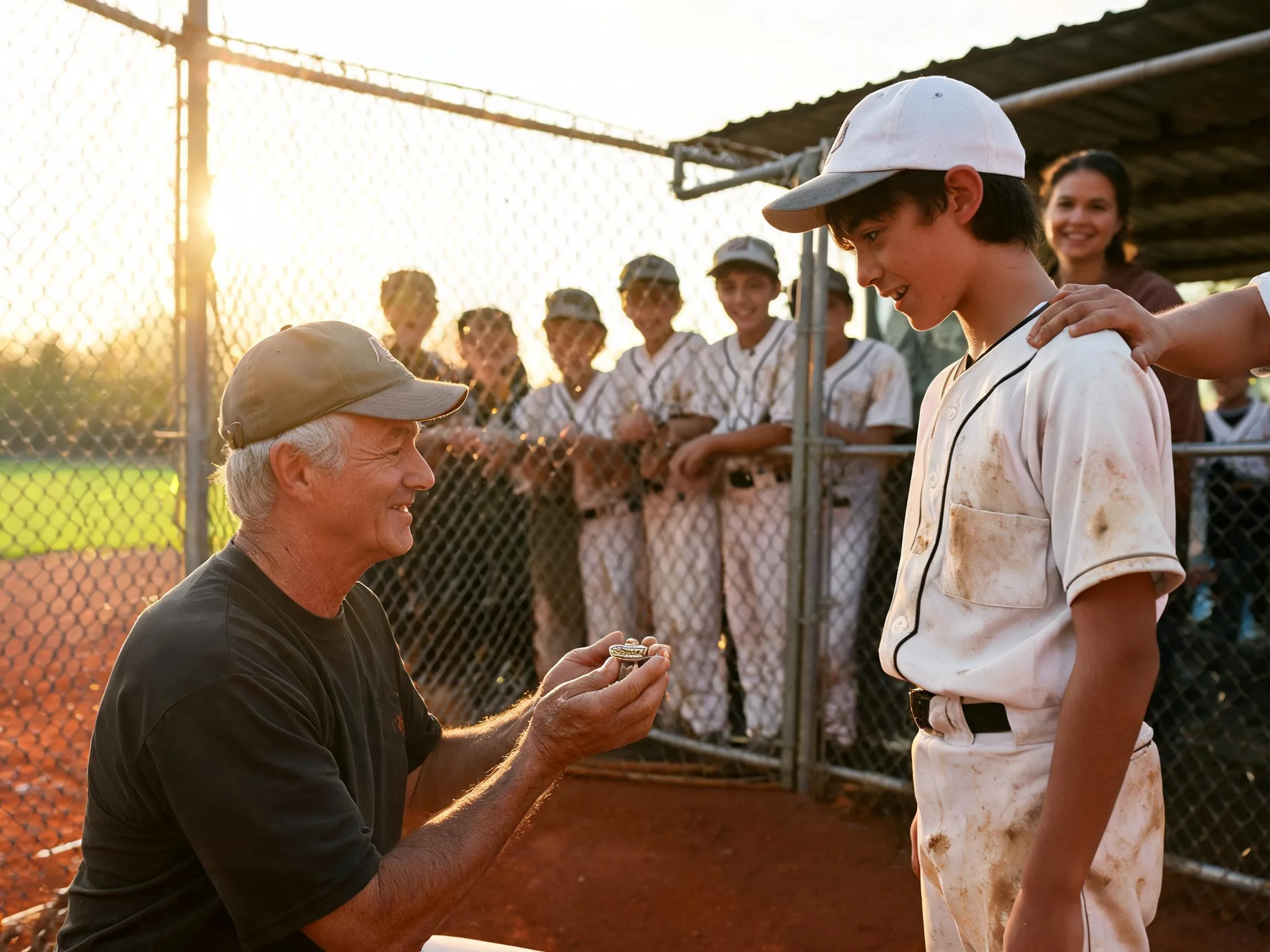 Coach and young baseball player share proud emotional moment beside sunny dugout fence.