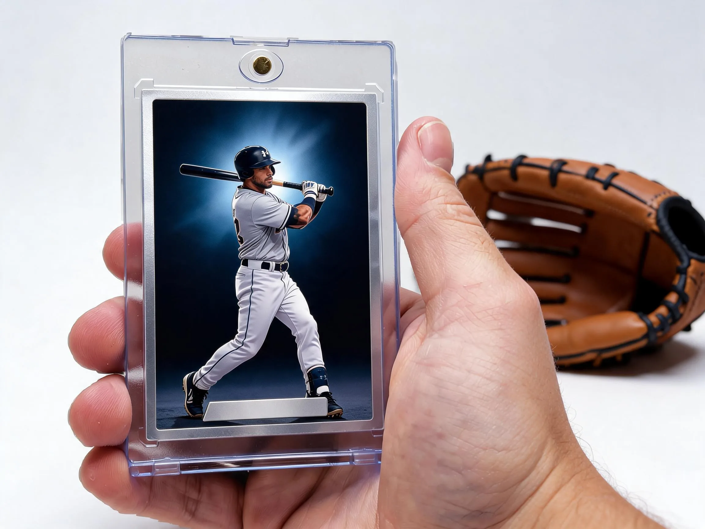 Magnetic case displaying custom baseball trading card with stadium-night batter design on shelf.