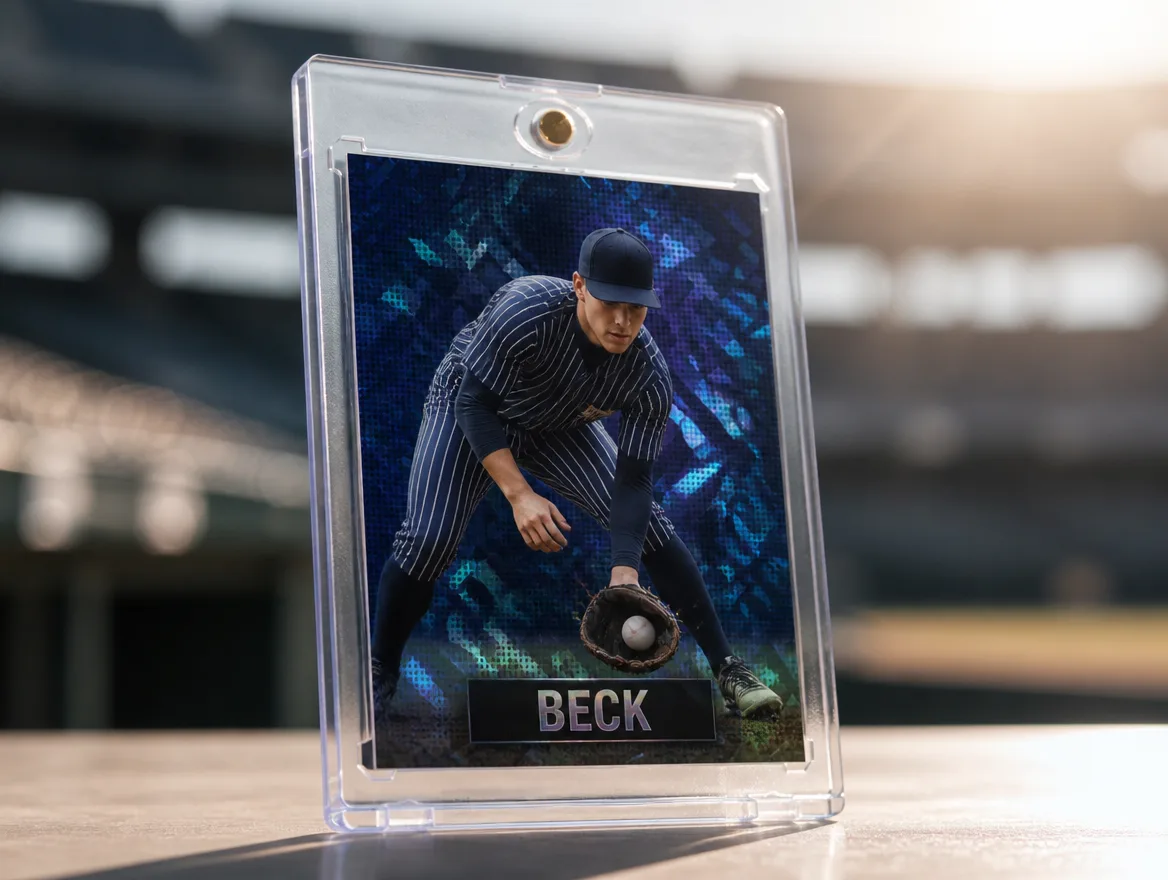 Custom baseball card from a Topps-style set in a premium magnetic case