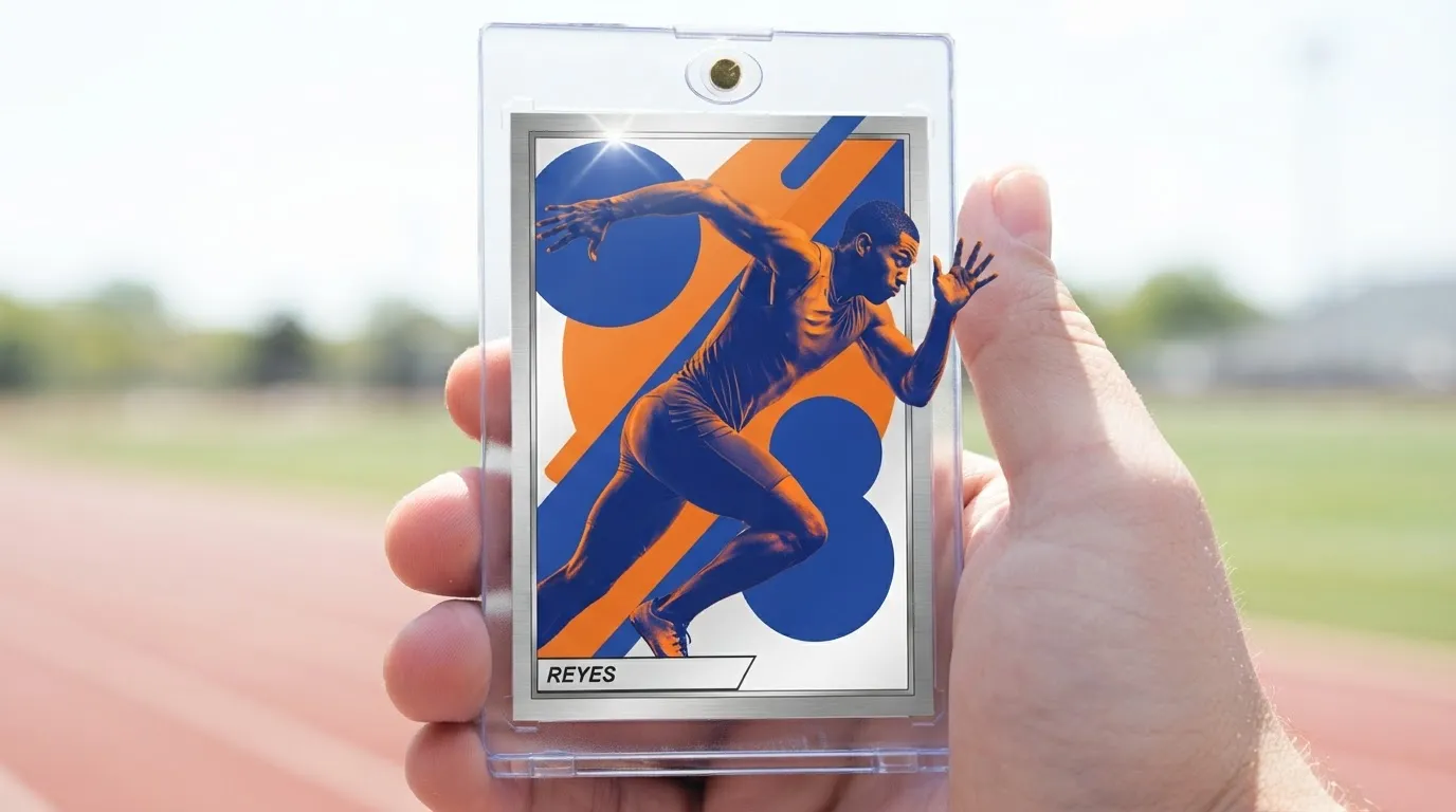 Hand holding magnetic case with duotone sprinter card, showcasing best Topps cards to buy.