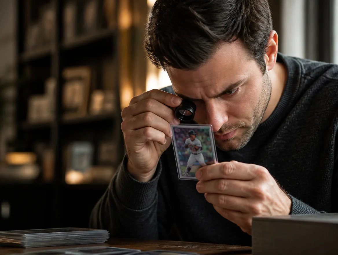 Collector inspecting a premium baseball card with a loupe