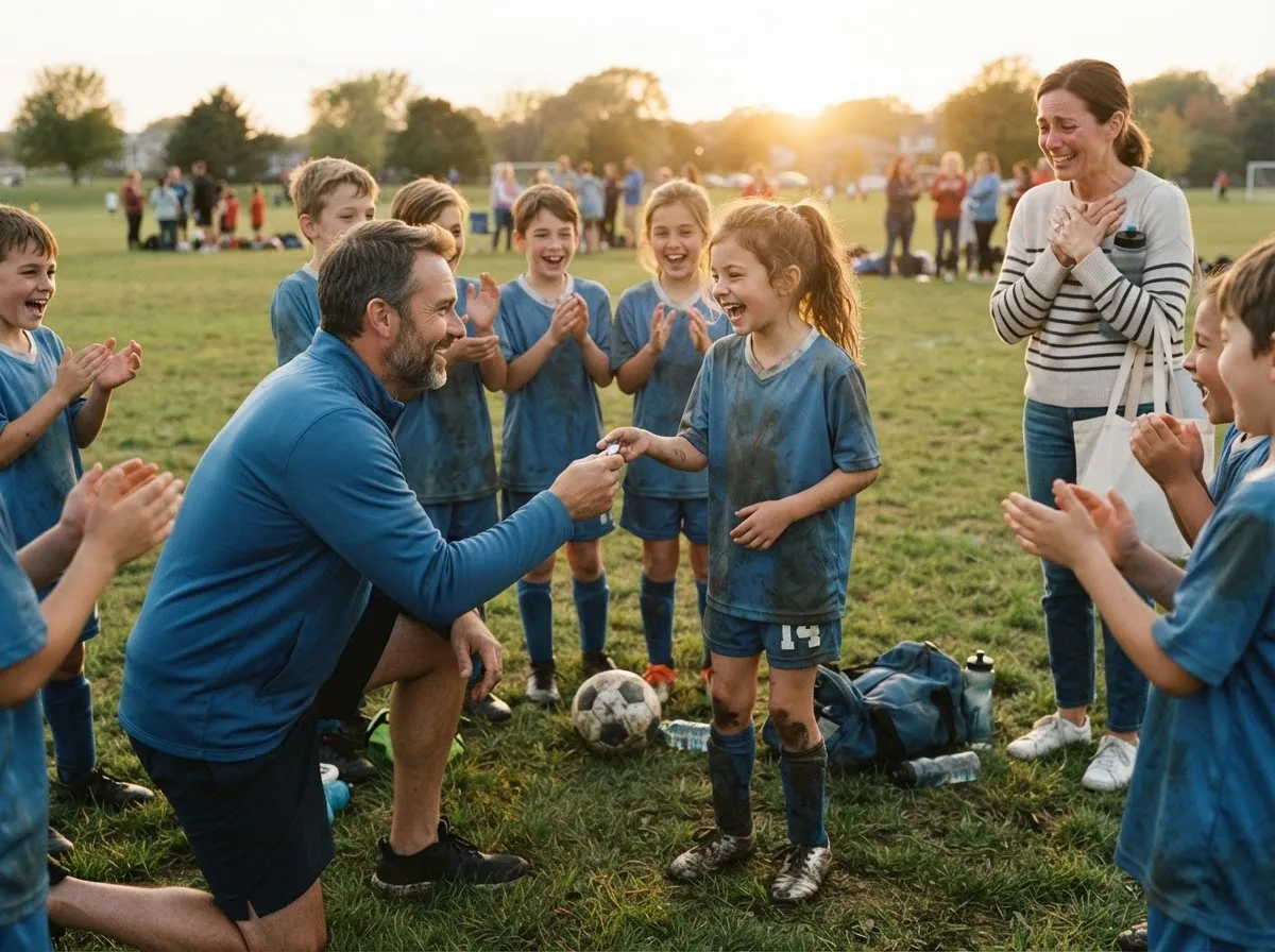 Coach and cheering teammates celebrate with young athlete on sunny sports field.