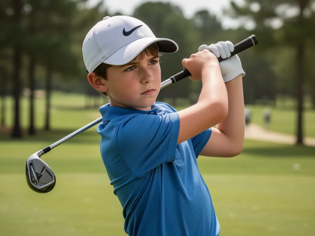 [Focused golfer in mid-swing with determination visible on face during competition]