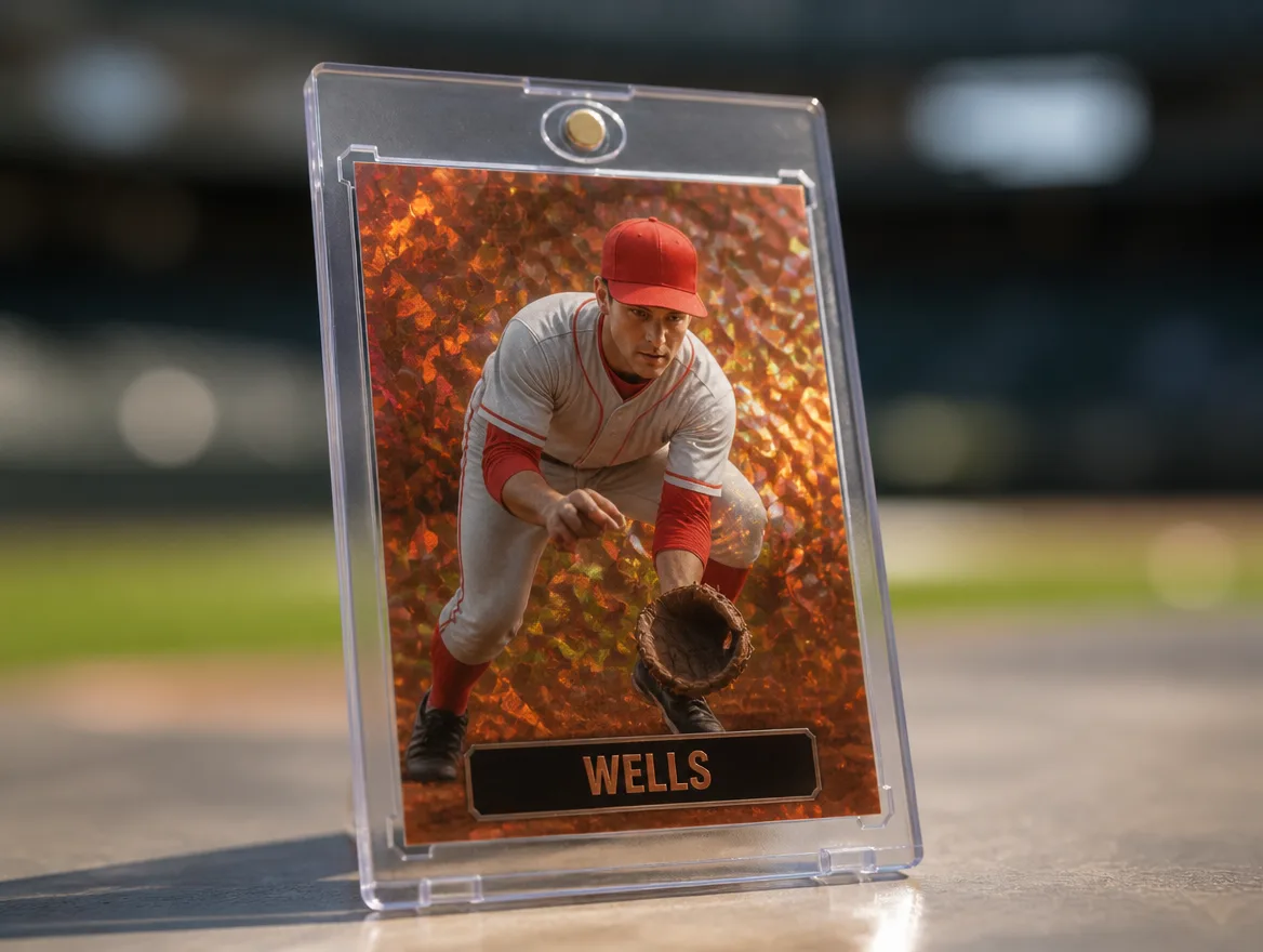 Custom baseball trading card standing in a clear magnetic case