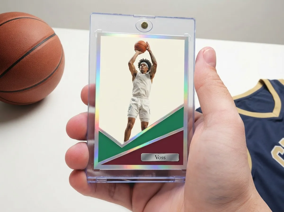 Custom sports trading card in magnetic case with chrome diagonal color-block design.