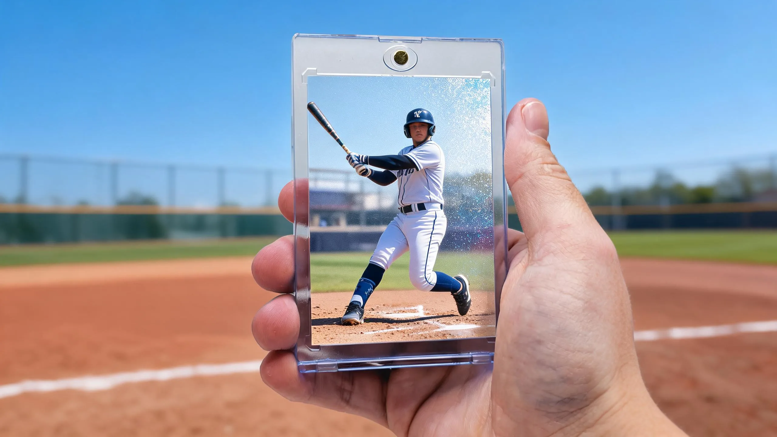 Hand holding magnetic case with best topps cards style silver-blue refractor baseball card design.