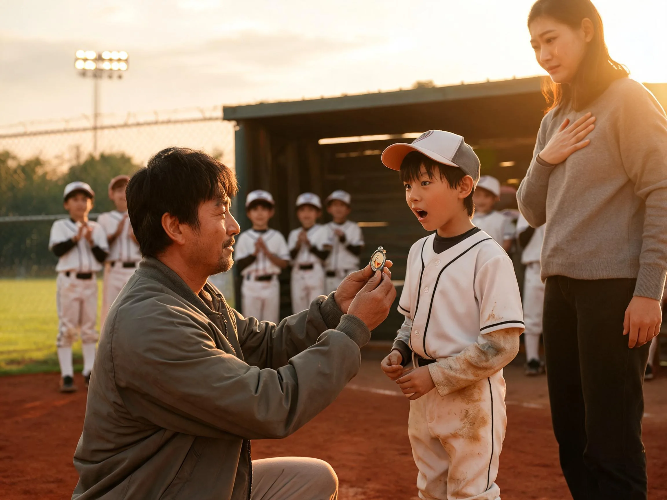 Coach and young athlete share a proud emotional moment on the baseball field.