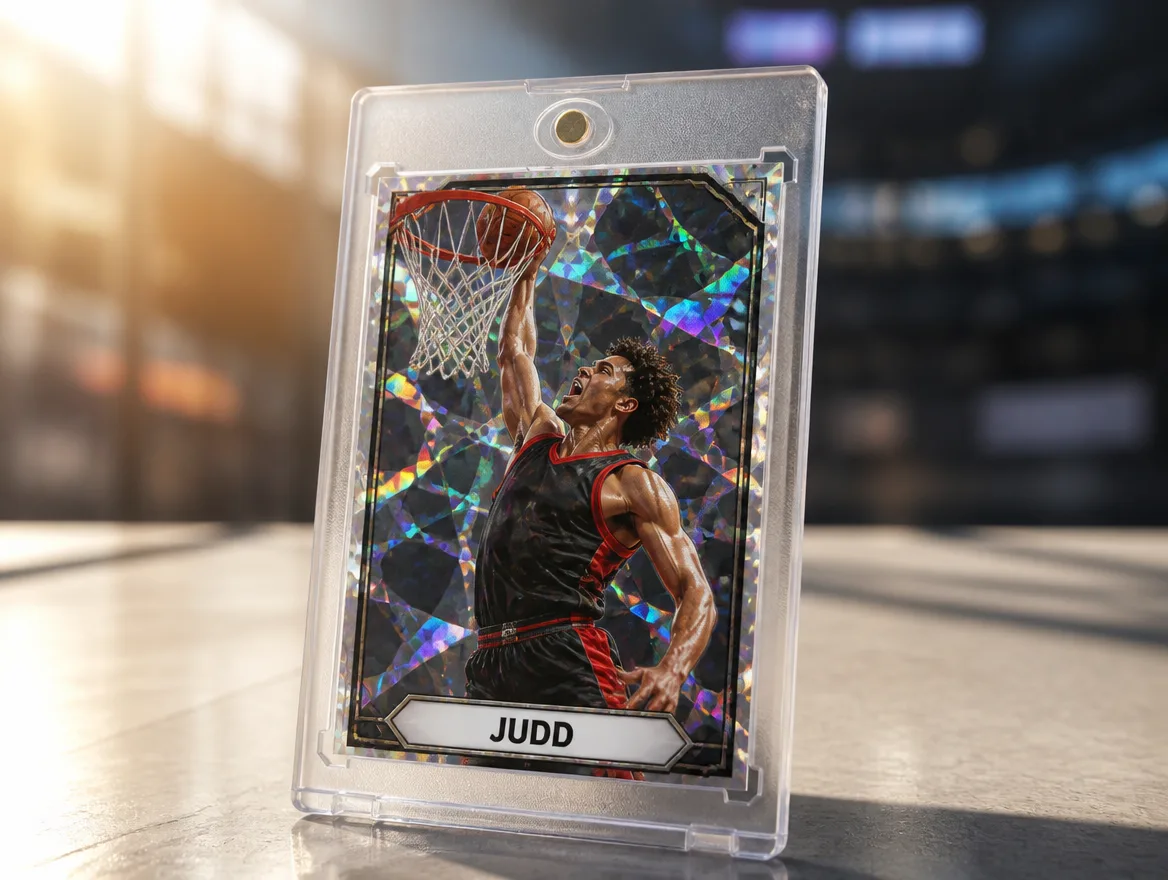 Custom basketball card standing in a clear magnetic case