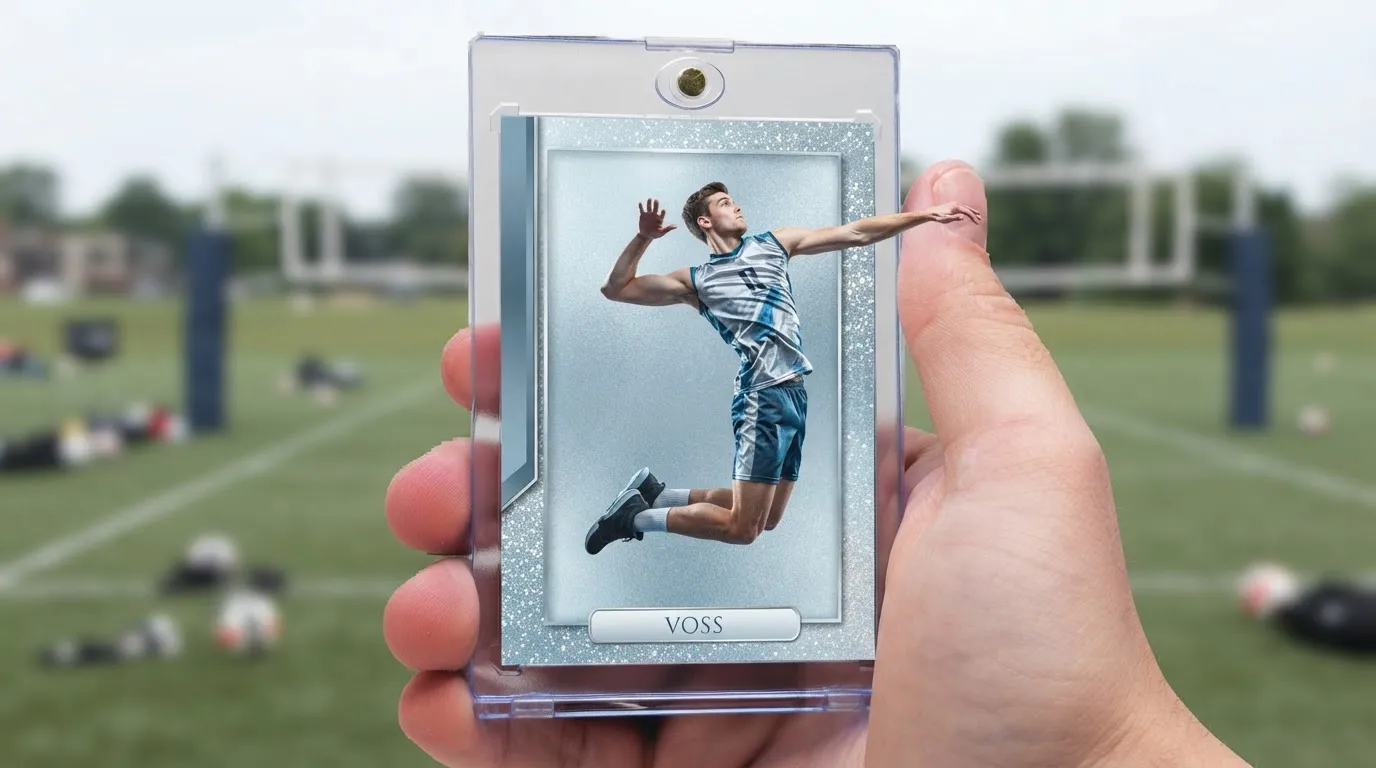 Hand holding magnetic case with icy blue refractor card, best trading cards to buy right now.