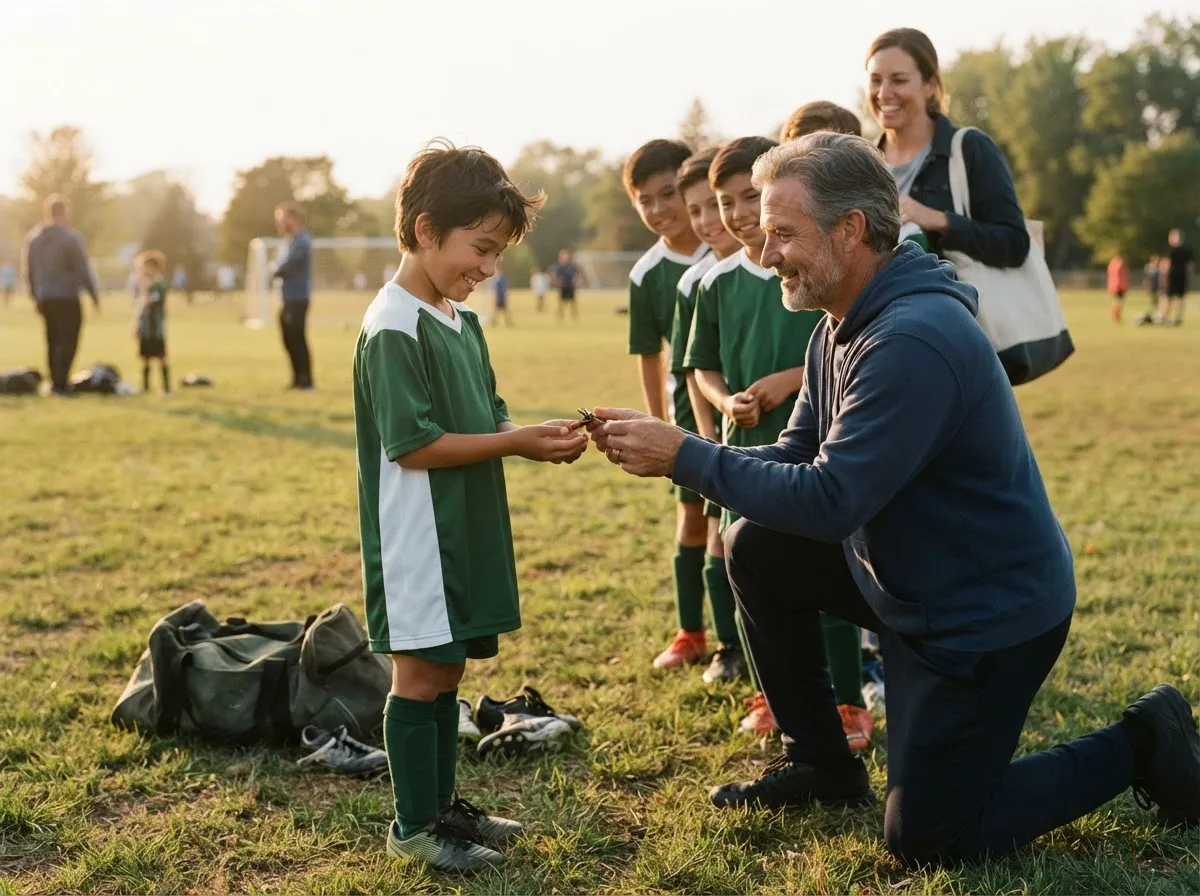 Coach shares a proud moment with young athlete on sunlit field, teammates celebrating nearby.