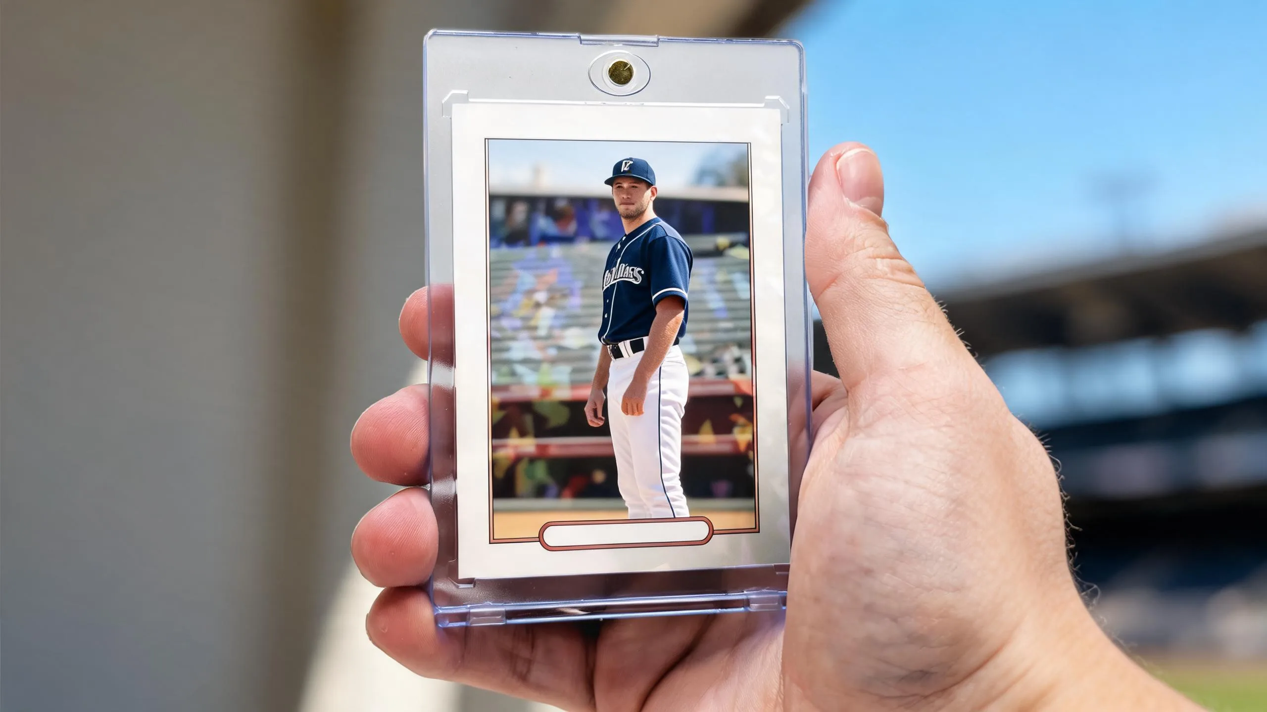 Hand holding best trading cards to buy, sunlit athlete card in magnetic acrylic case.