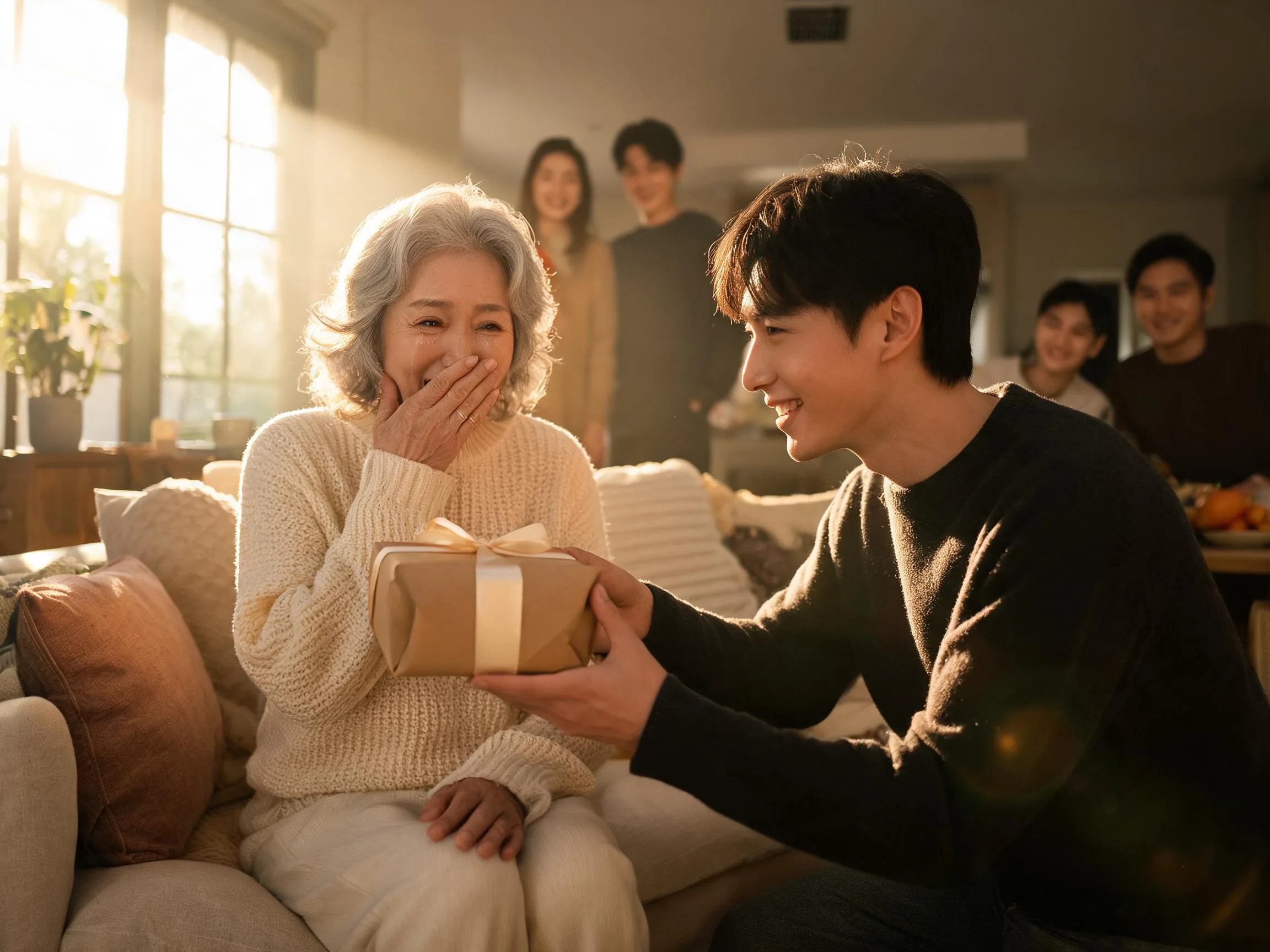 Elderly woman reacts with joyful surprise receiving an unexpected gift indoors.