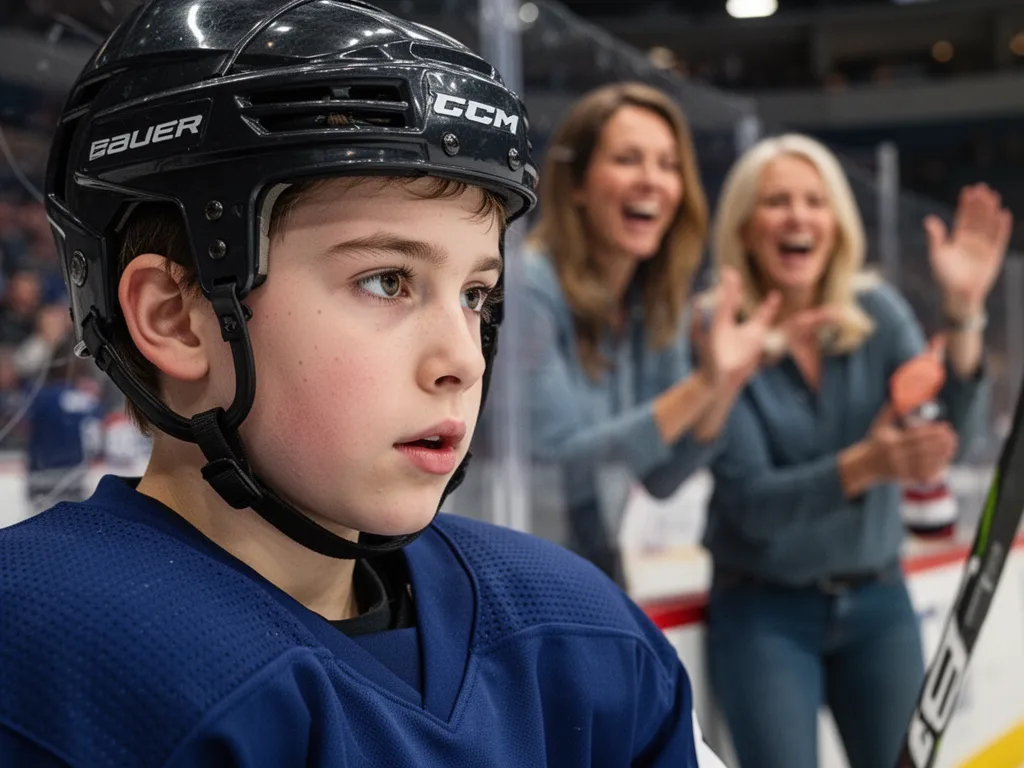 [Young hockey player concentrating on bench with supportive parents visible behind]