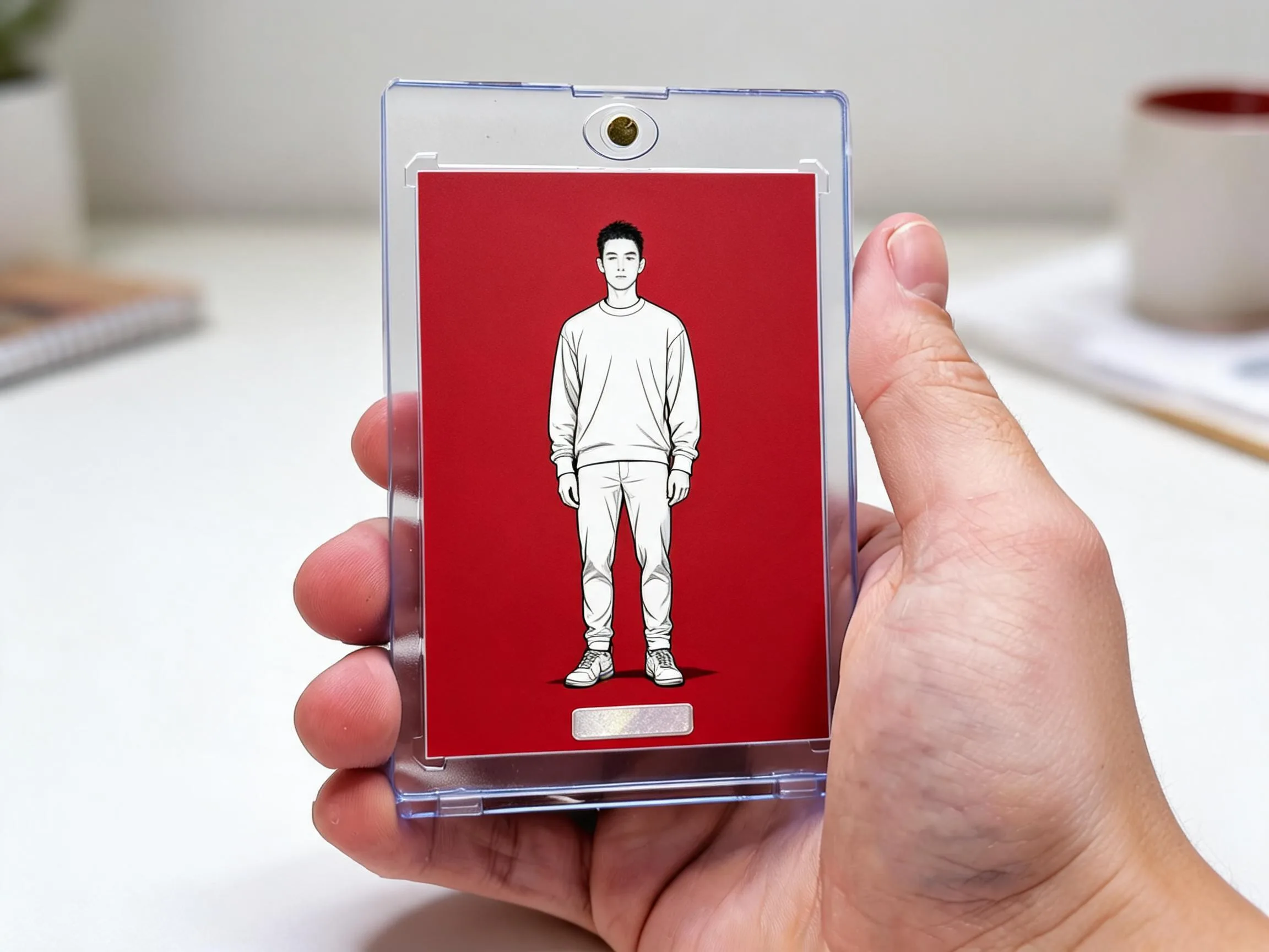 Custom keepsake trading card in magnetic case, bold crimson editorial design, held in hand.