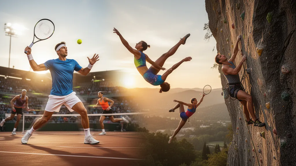 Multiple athletes in action across different sports under natural golden lighting with dynamic energy