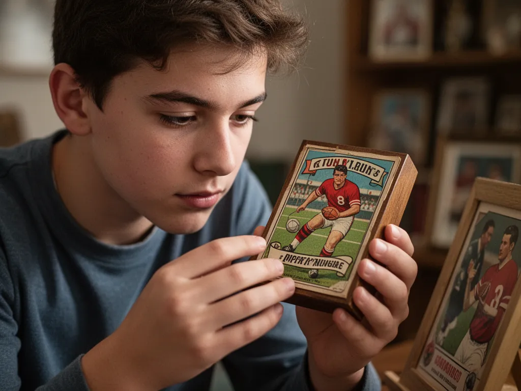 Young collector carefully examining vintage sports memorabilia with concentrated focus and emotion