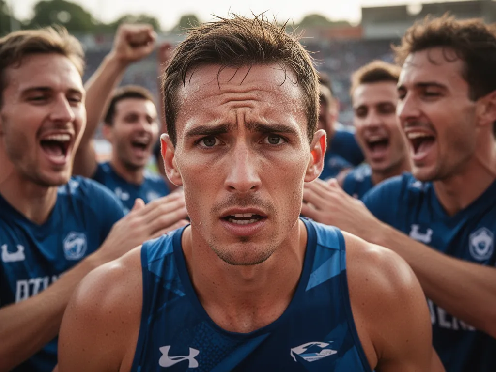 [Athlete's focused expression with celebrating teammates in background showing determination and camaraderie]